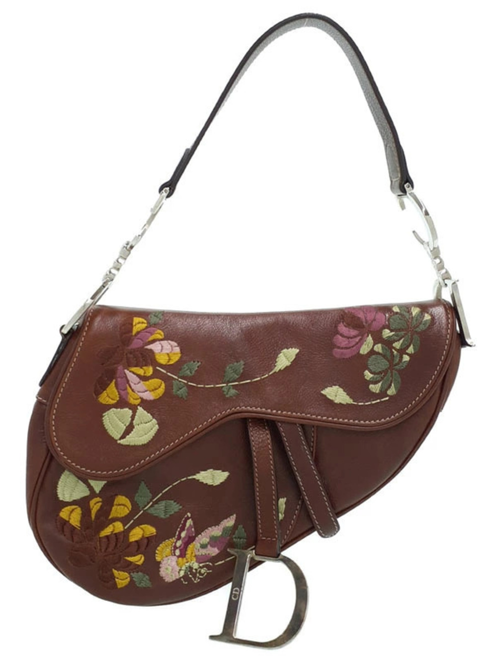 Christian Dior Romantic Flowers Saddle Bag brown leather floral butterfly